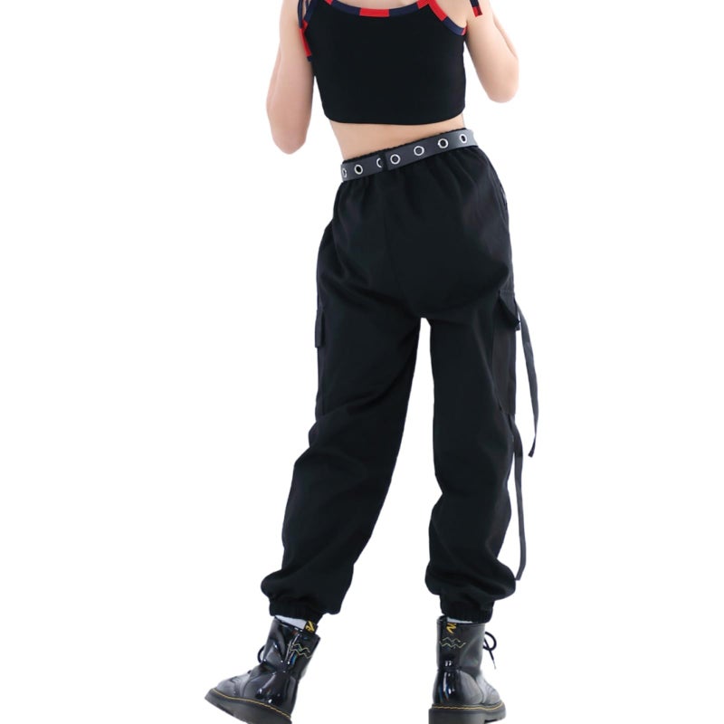 Rolanko Kids Cargo Pants Trousers Jogger with Pockets for Girls Street Hip Hop Dance Clothes (Black, 10-12) - Image 3